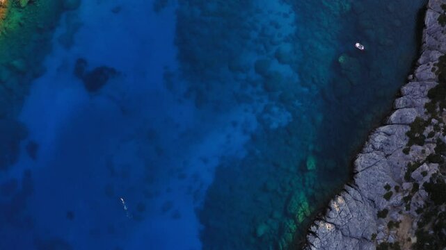 Drone view of Anthony Quinn Bay in Faliraki, Rhodes Island, Greece.