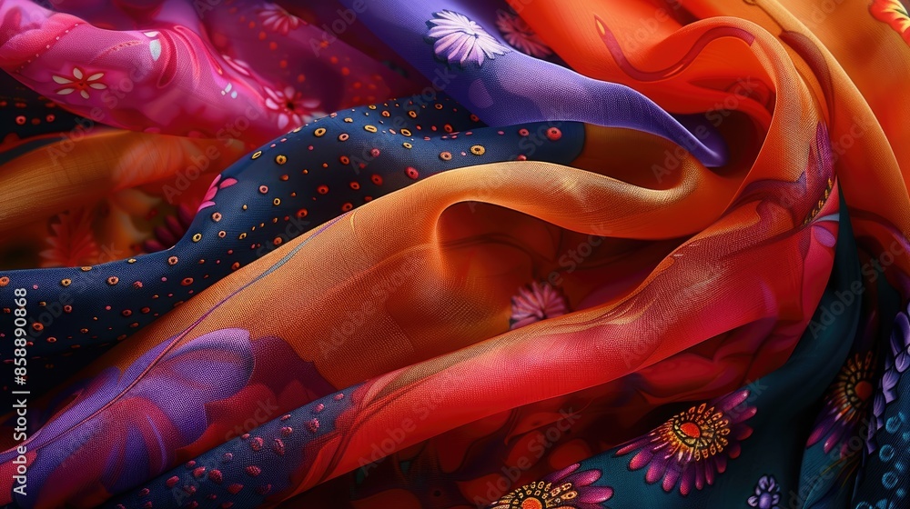 Poster a colorful piece of fabric with a floral pattern. the colors are bright and vibrant, creating a chee