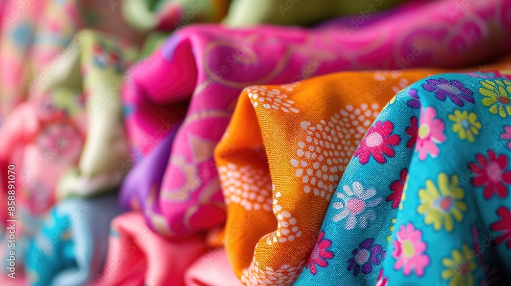 Poster a stack of colorful fabric with a floral pattern. the colors are bright and vibrant, creating a chee