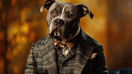 Portrait of a dignified Pit bull dog adorned in a fancy suit. The canine exudes elegance and sophistication, epitomizing refined charm.