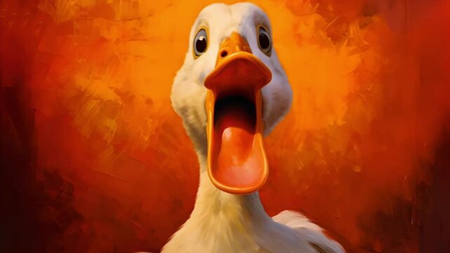 Funny comical goose with open beak on orange background