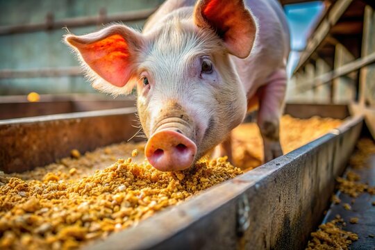 pig eat scrap in trough close. Animal husbandry industry