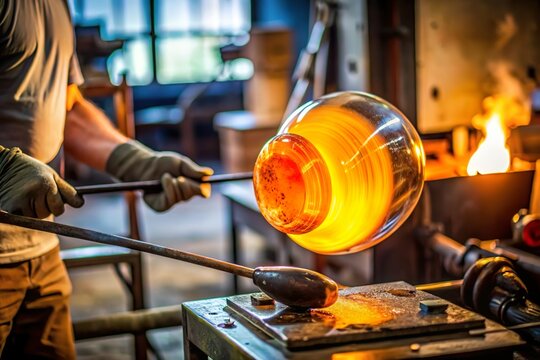 glassblowing technique. Molten glass forming in workshop