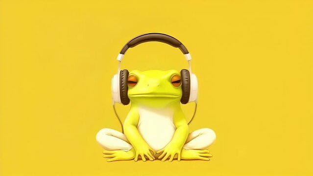 Cute green tropical frog sits in a yoga pose on a leaf and listens to stereo music in headphones with his eyes closed	
