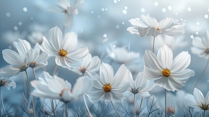 A field of white flowers with a blue sky in the background. The flowers are in full bloom and the sky is clear and bright