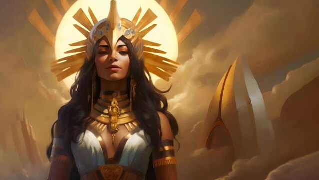 Young female Egyptian goddess looks forward proudly	
