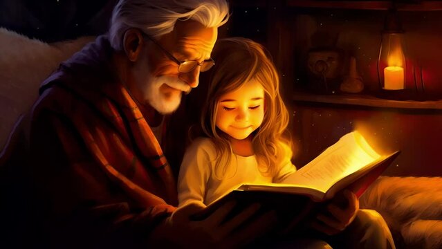 Grandpa reads an interesting fairy tale to his granddaughter in the evening in that warm house by the fireplace	
