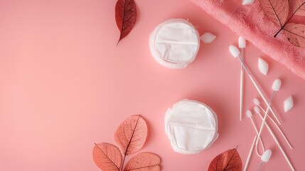 Cotton pads swabs leaves makeup remover on colored background in flat lay with room for text