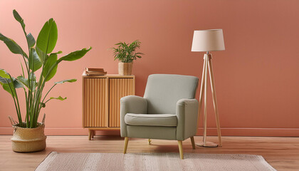 Modern living room interior with armchair and green plants, lamp, cupboard on coral colored wall