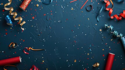 A blue background with confetti, streamers, and party supplies scattered on top. There are red, gold, and blue streamers, as well as silver and red confetti, and a few party poppers.