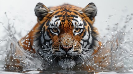 Tiger Emerging from Water with Splashing Drops