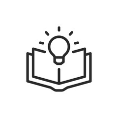 Open book with light bulb, linear style icon. Open book with a glowing light bulb above it. Editable stroke width