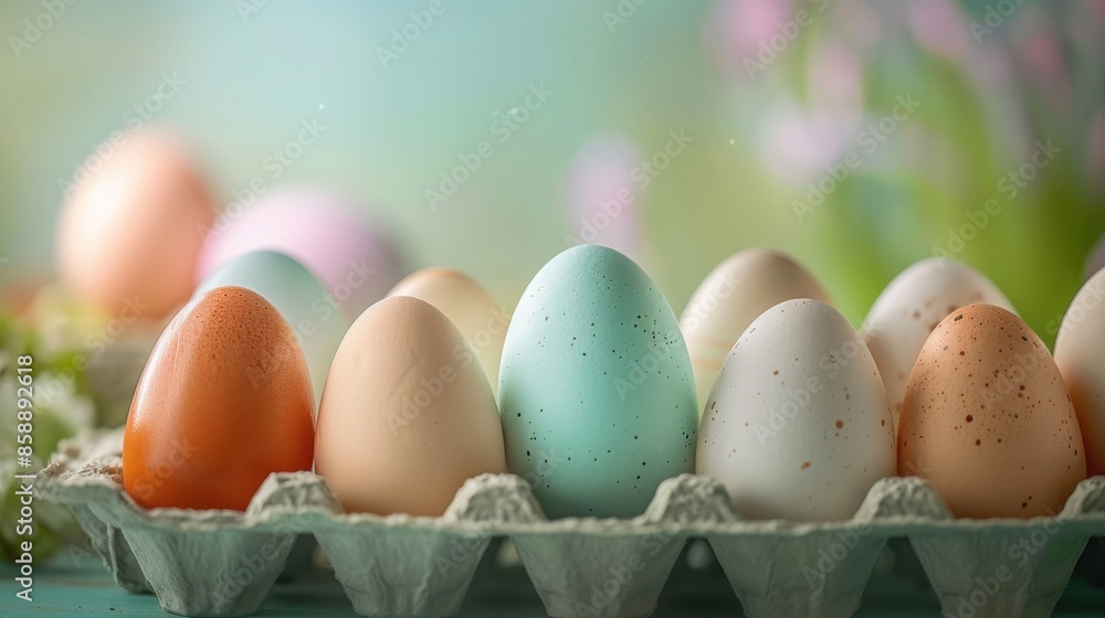 Aufkleber a close-up shot of colorful easter eggs in a carton, with a blurred background of spring greenery an
