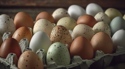 A close-up shot of a dozen assorted eggs in a cardboard carton. The eggs are of different colors and sizes, with some being speckled or dotted. The carton is made of brown cardboard and has a rough te