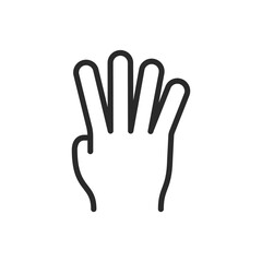 Hand showing number four, linear style icon. Editable stroke width