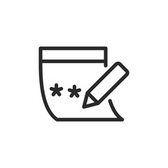 Note with password and pencil, linear style icon. password management or security. Editable stroke width.