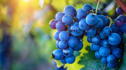 Close-Up of Fresh Blue Grapes in Sunlit Vineyard, Nature's Bounty