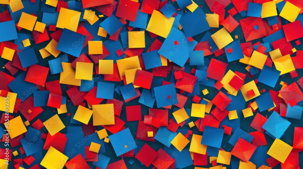 Poster A colorful background with many squares of different colors. The squares are arranged in a way that creates a sense of movement and energy. The colors are bright and vibrant, giving the image a lively