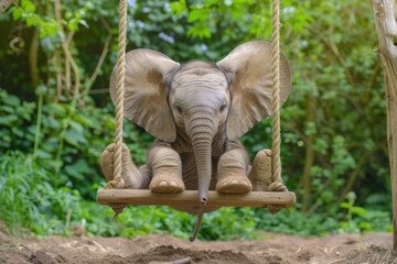 Obraz premium A playful baby elephant sitting on a swing, its large ears flapping with joy.