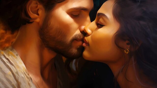 Young Spanish couple in love, man and woman kissing passionately in a nightclub