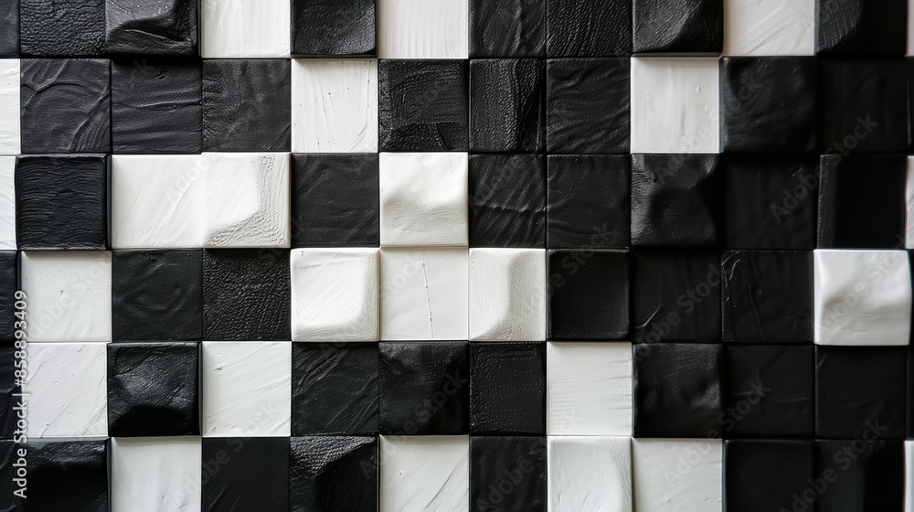 Poster a black and white photo of a wall with black and white squares. the squares are of different sizes a