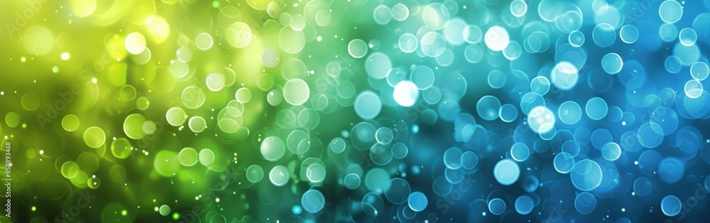 Poster a green and blue background with many small circles. the circles are of different sizes and colors. 