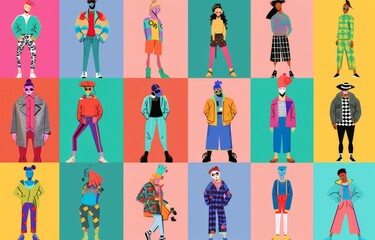 Vibrant, contemporary cartoon grid with eclectic characters in unique styles and colors.