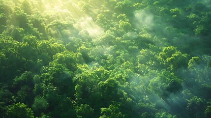 Fototapeta premium A photorealistic image of a lush green forest bathed in sunlight, emphasizing the connection between a healthy ozone layer and a thriving environment.