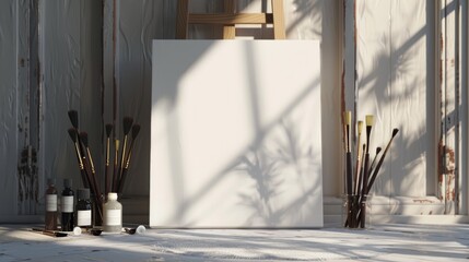 Artist's Sunlit Studio with Blank Canvas Ready for Inspiration