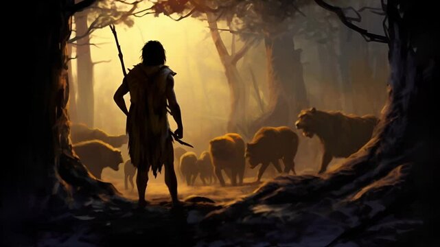 A primitive man in the skin of an animal is preparing to fight wild hyenas in a relict forest	
