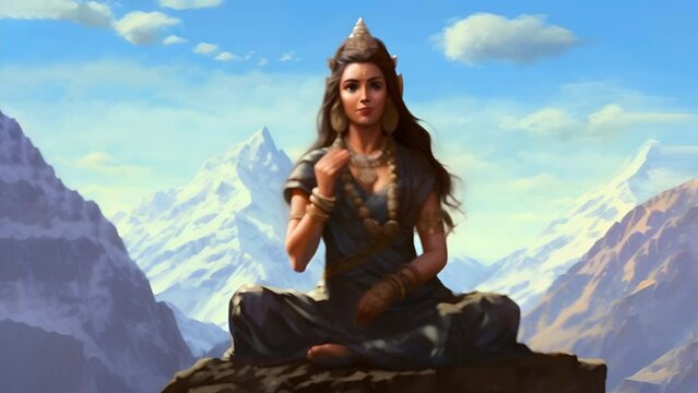 Goddess Parvati meditating to win Lord Shiva's affection, set in a serene Himalayan landscape