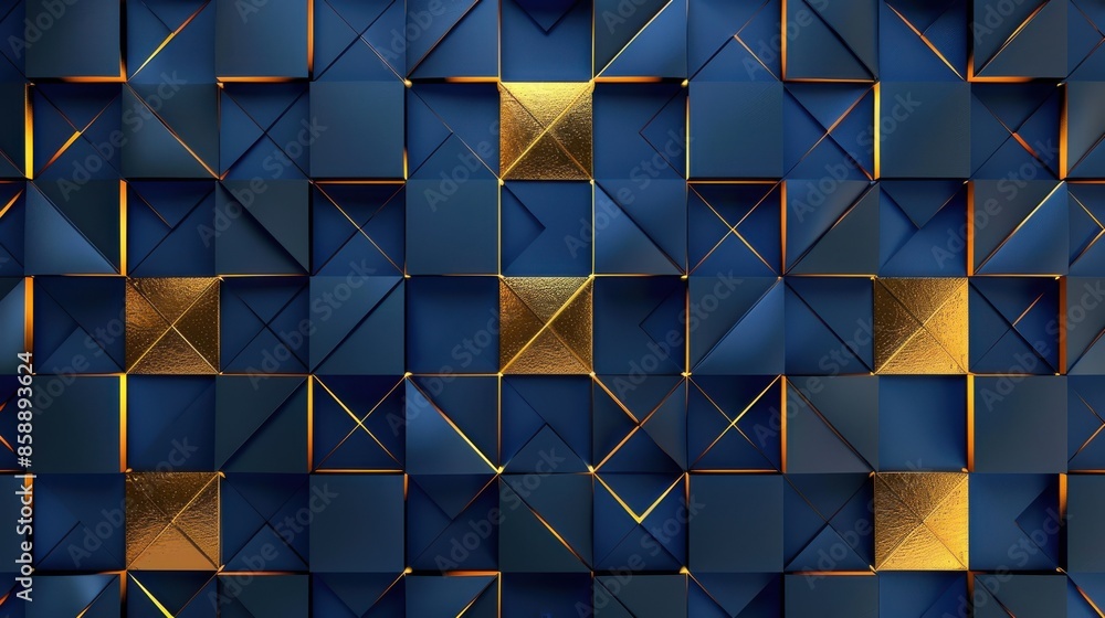 Leinwandbilder a blue and gold patterned background with gold squares. the squares are arranged in a way that creat