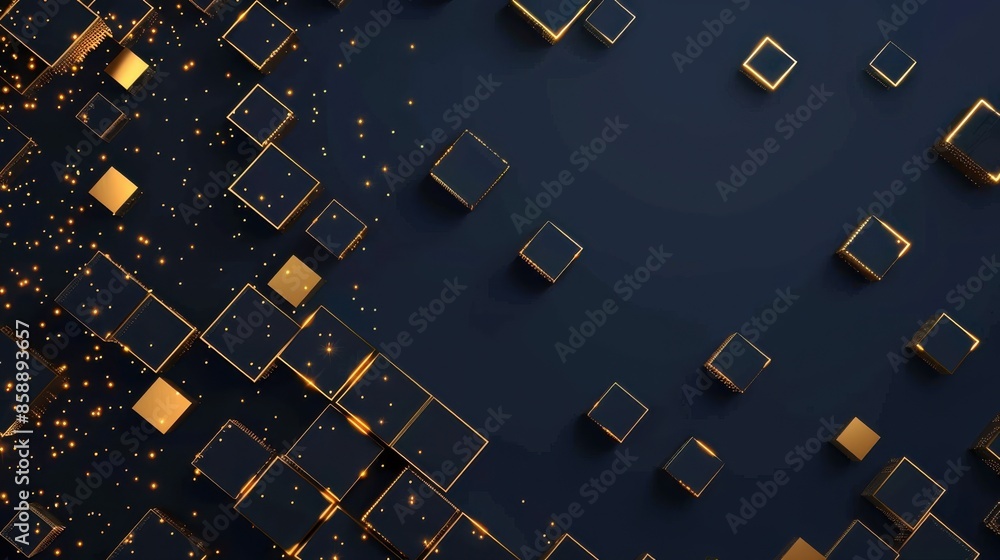 Poster a black background with gold squares. the squares are arranged in a way that creates a sense of dept