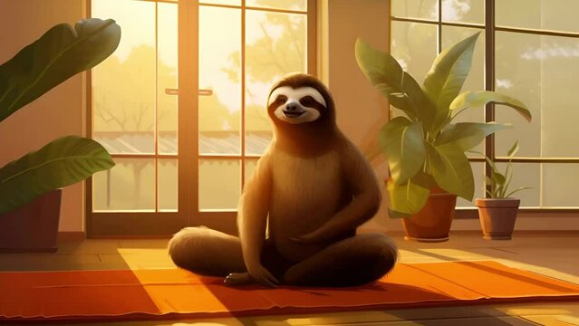 Sleepy sloth calmly meditates in yoga class	
