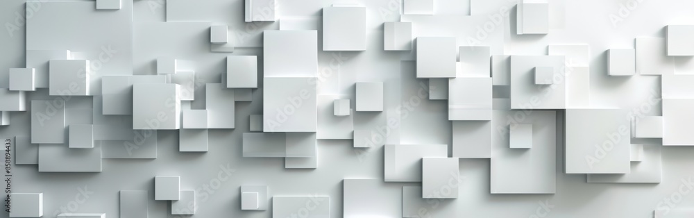 Poster a white background with many white squares. the squares are arranged in a way that creates a sense o