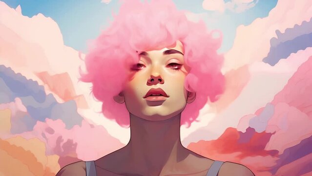 A young attractive non-binary person with pink hair dreams of a calmly happy life and has her head in the clouds