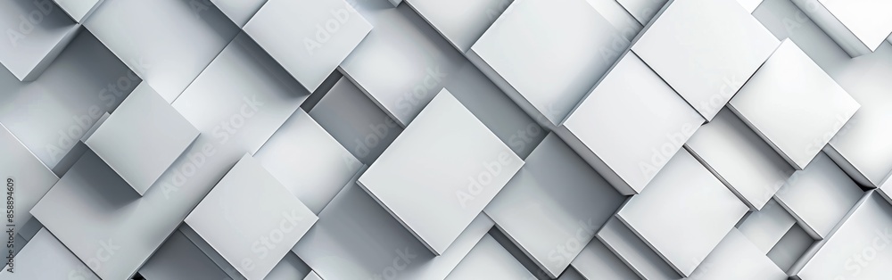 Poster a white background with many white squares. the squares are arranged in a way that creates a sense o