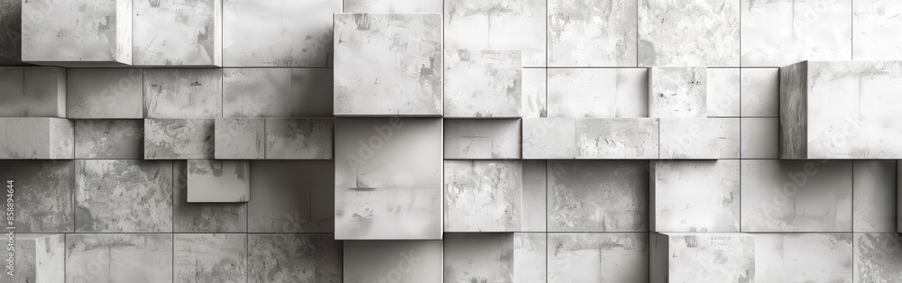 Poster A wall made of white blocks with a grayish color. The blocks are arranged in a way that they look like they are stacked on top of each other. The wall has a modern and industrial look to it