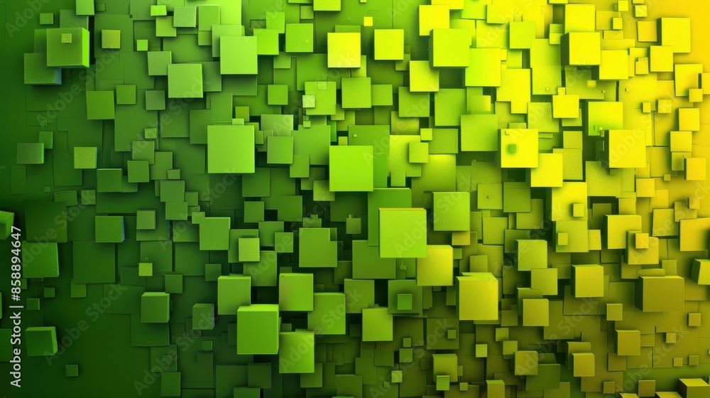 Poster a green background with many small squares of different sizes. the squares are all green and are arr