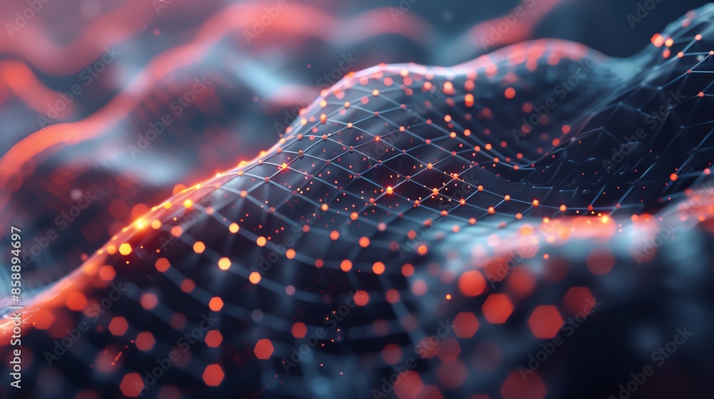 Poster abstract digital network with red glowing nodes.