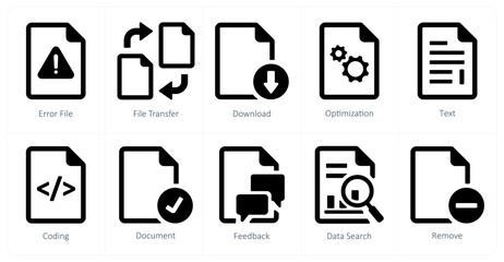 A set of 10 File icons as error file, file transfer, download