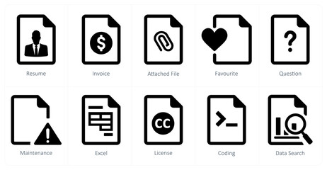 A set of 10 File icons as resume, invoice, attached file
