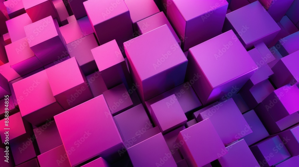 Poster a purple background with pink squares. the squares are arranged in a way that creates a sense of dep