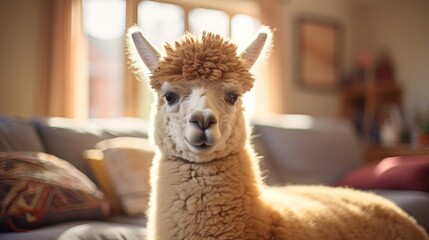 Fototapeta premium Cozy home with pet alpaca, bright and inviting