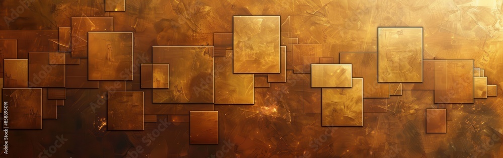 Poster A gold and brown abstract painting with squares and rectangles. The painting is a collage of different shapes and sizes, creating a sense of depth and texture. The colors are warm and inviting
