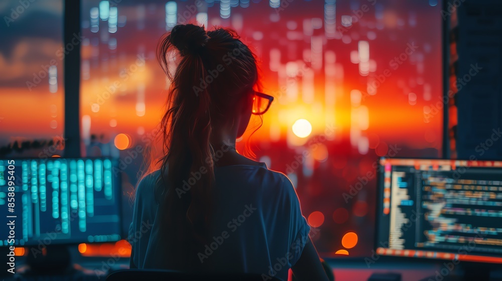 Poster woman programmer working late at night in front of computer screen with city lights in background.
