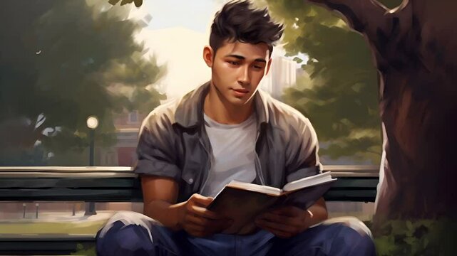 Guy with bright freckles on his cheeks, sitting on a bench in the park and reading a book	
