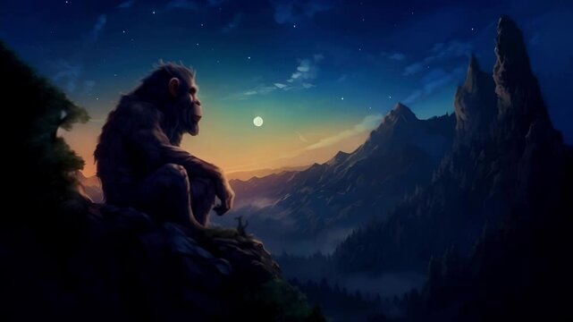 Australopithecus prehistoric man sits and looks at the sunset high in the mountains	
