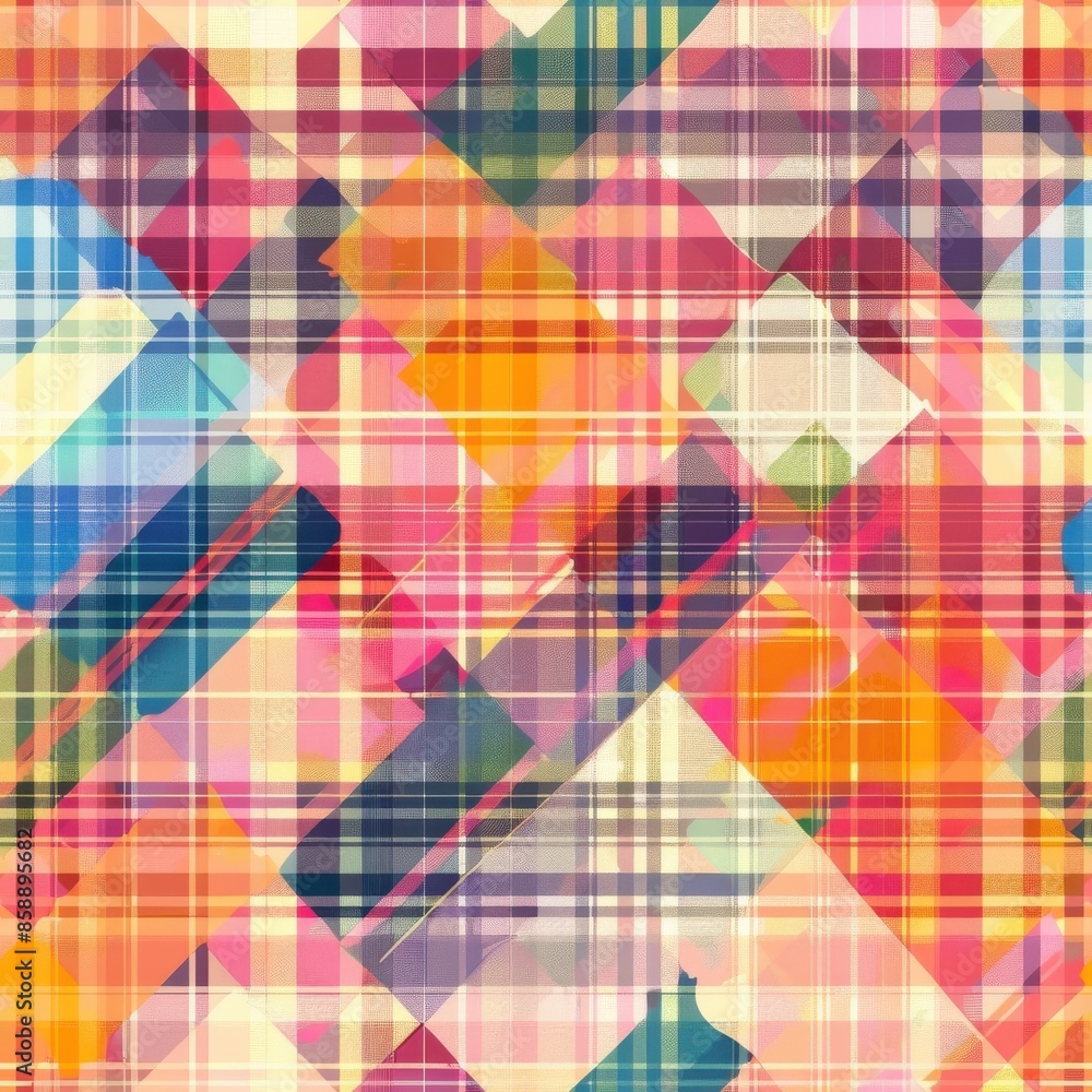 Poster This image is a digital abstract illustration featuring a colorful plaid pattern in shades of pink, orange, blue, and yellow. The pattern is composed of overlapping squares and rectangles creating a v