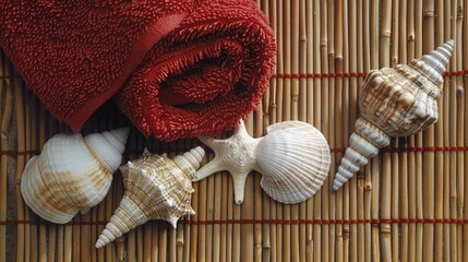 Composition of shells and red towel on a bamboo mat